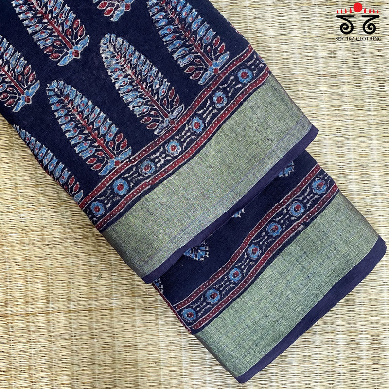 Ajrak On Linen Cotton Saree