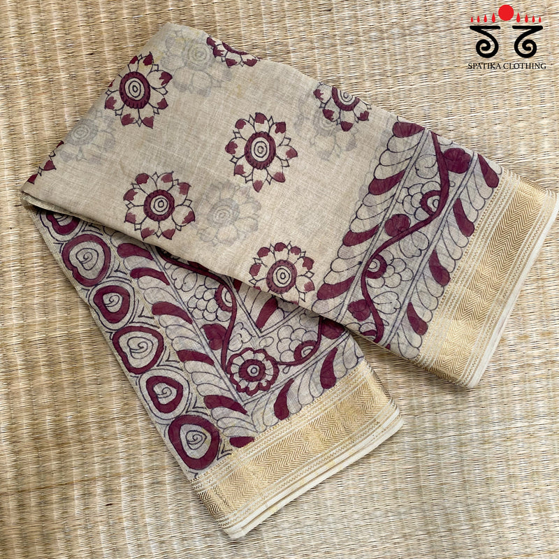 Pen Kalamkari On Maheshwari Silk Cotton Saree