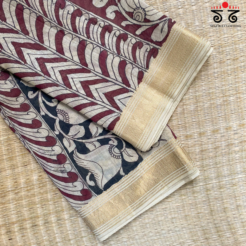 Pen Kalamkari On Maheshwari Silk Cotton Saree