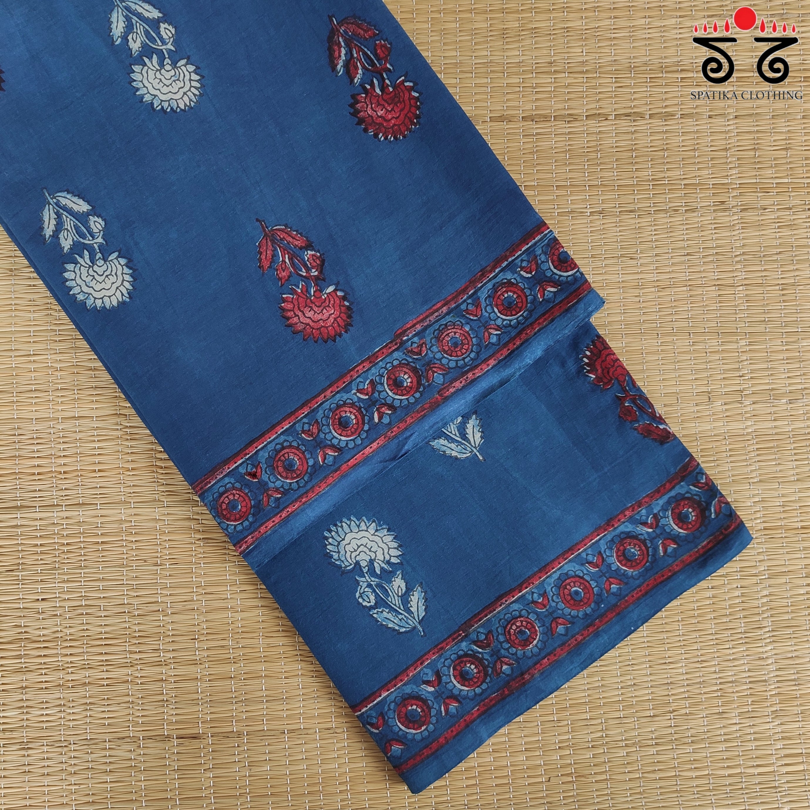 Indigo Handblock Printed Mulmul Cotton Saree