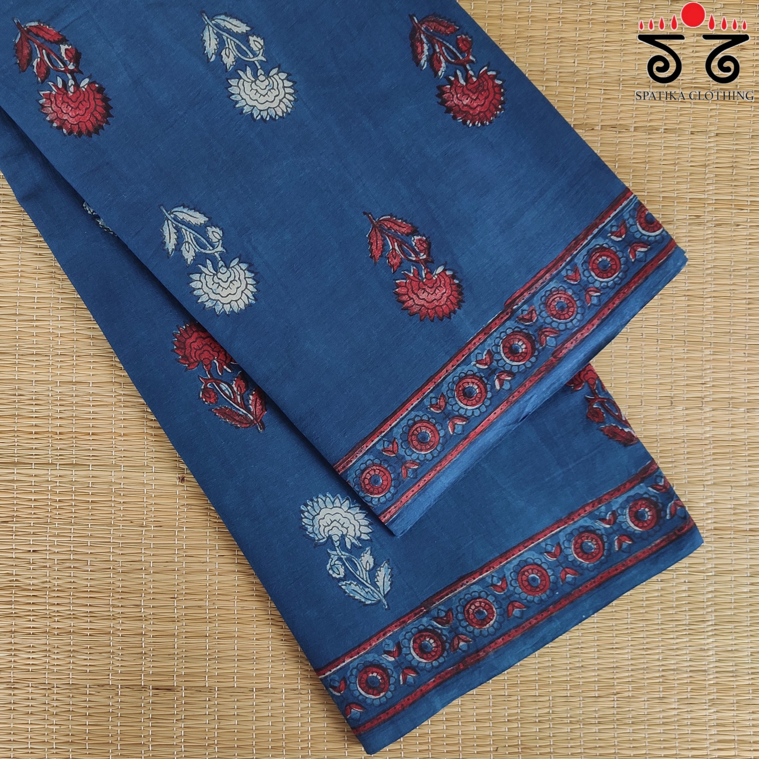 Indigo Handblock Printed Mulmul Cotton Saree