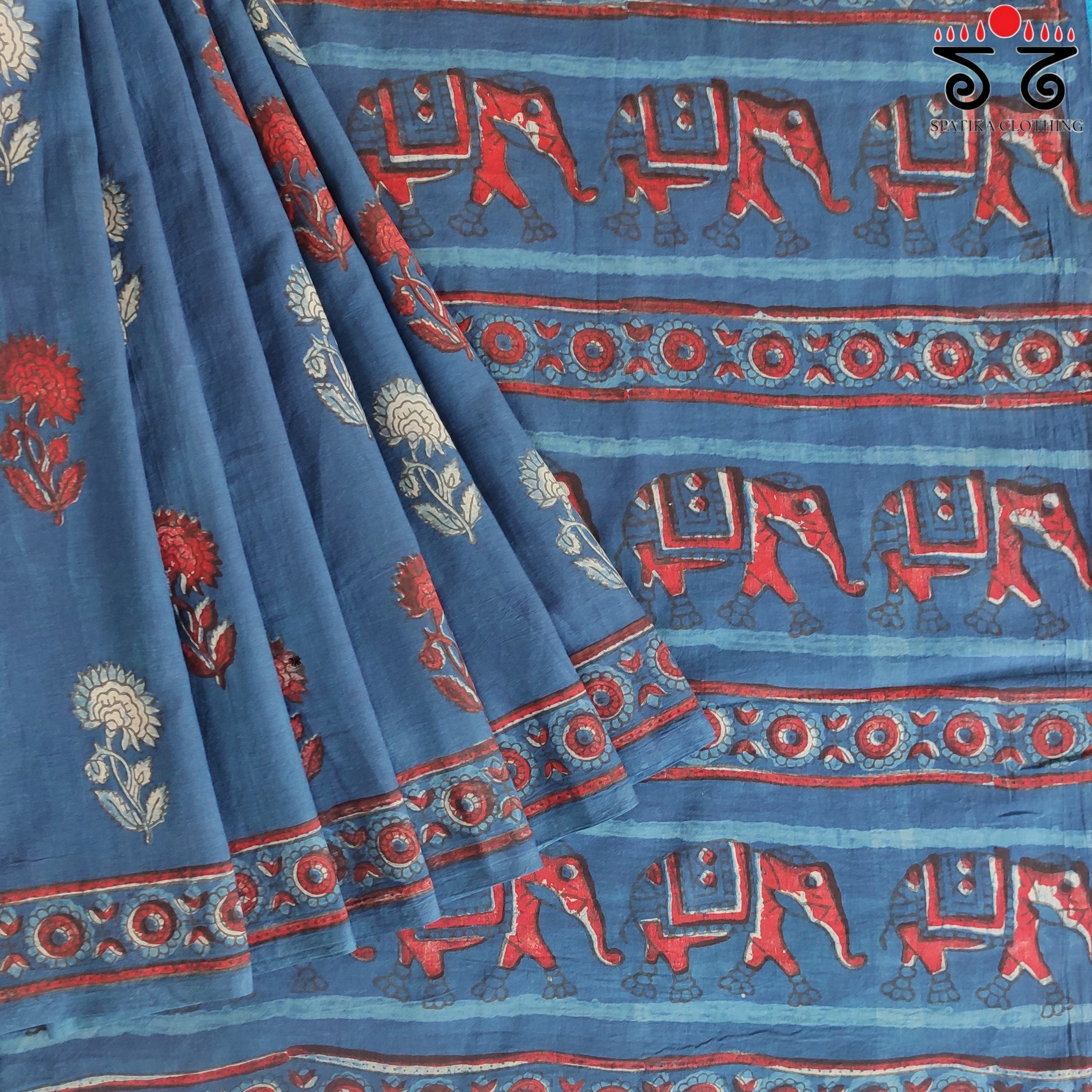 Indigo Handblock Printed Mulmul Cotton Saree