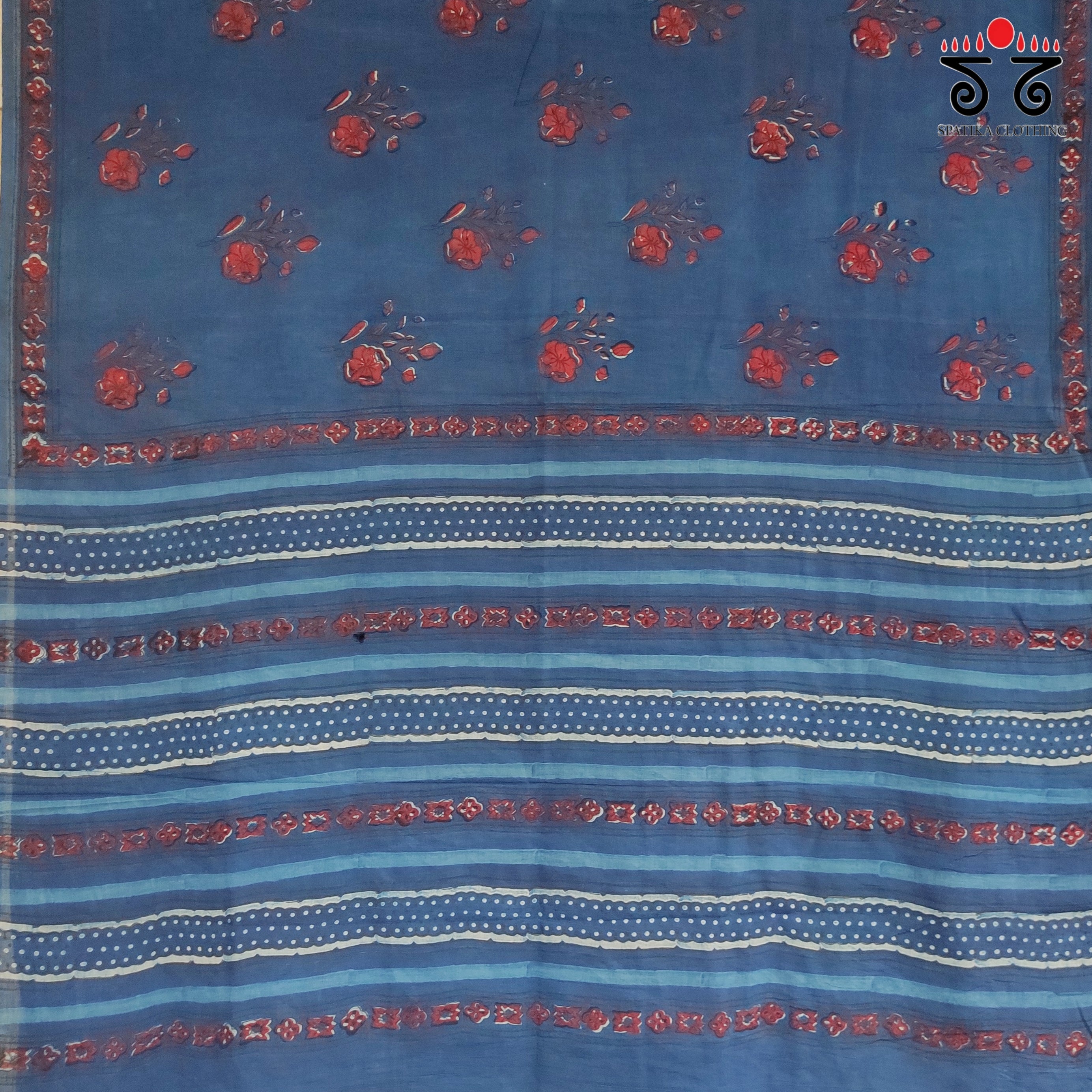 Indigo Handblock Printed Mulmul Cotton Saree