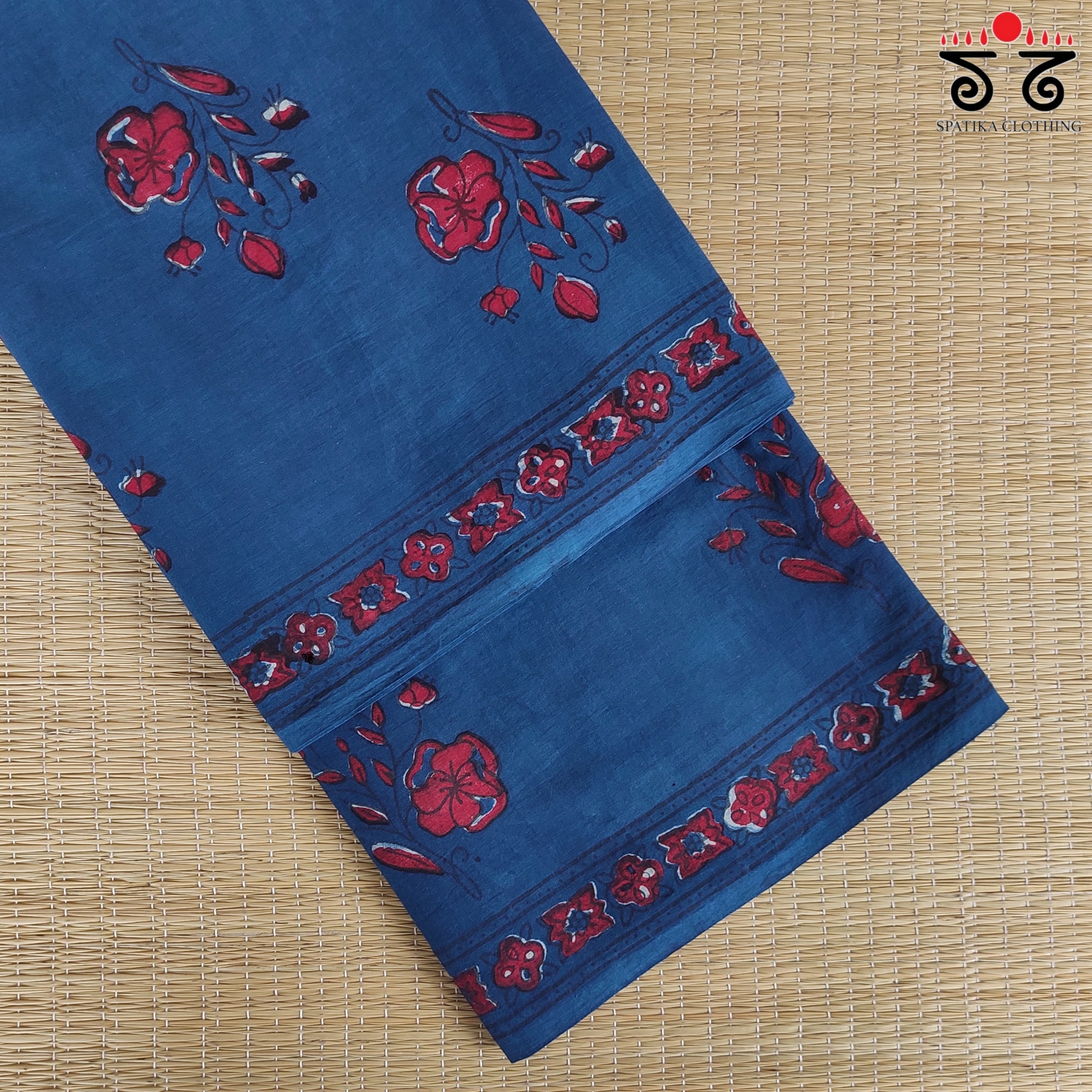 Indigo Handblock Printed Mulmul Cotton Saree