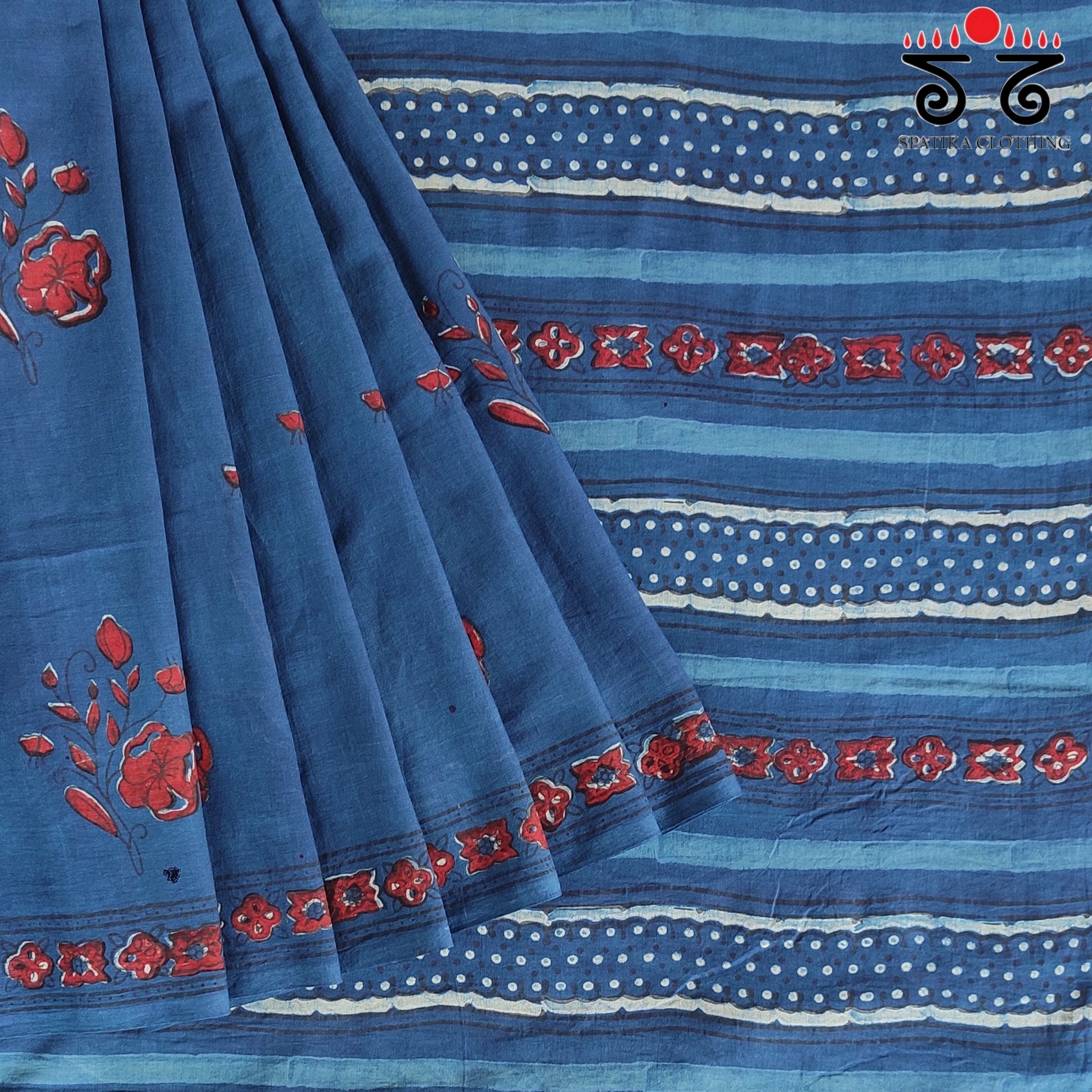 Indigo Handblock Printed Mulmul Cotton Saree
