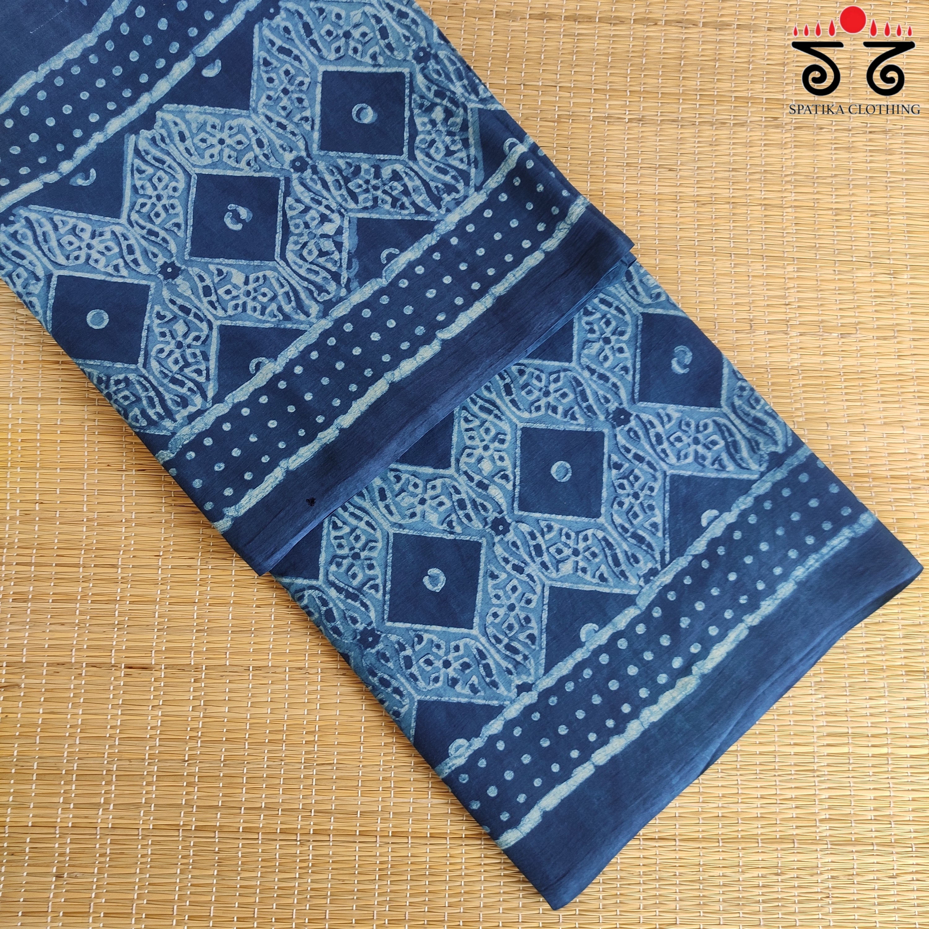 Indigo Handblock Printed Mulmul Cotton Saree