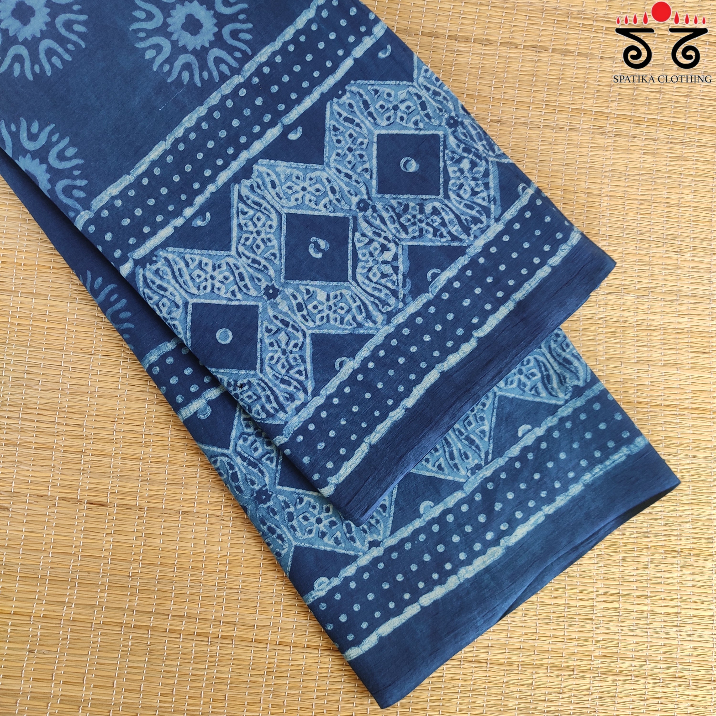 Indigo Handblock Printed Mulmul Cotton Saree