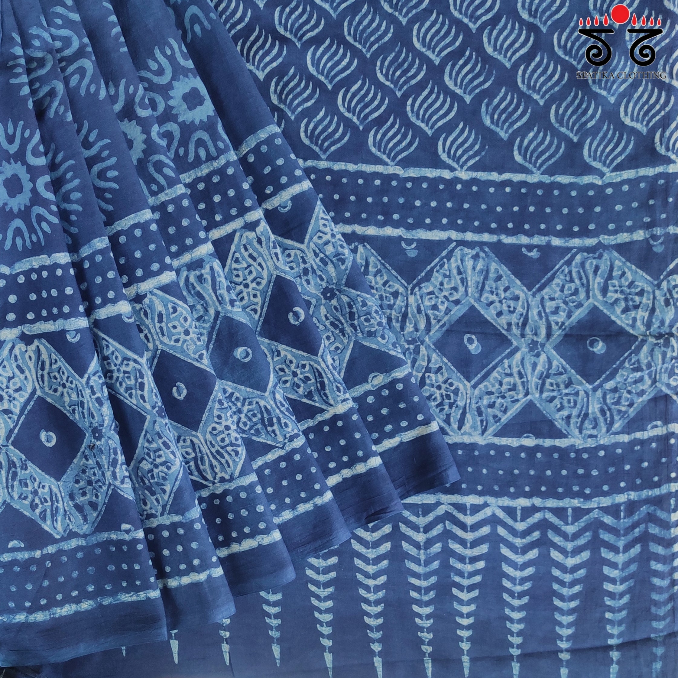 Indigo Handblock Printed Mulmul Cotton Saree