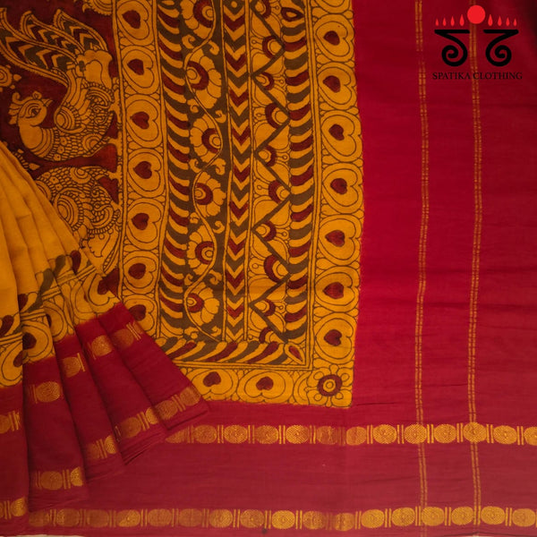 Pen Kalamkari on Sungudi Cotton Saree
