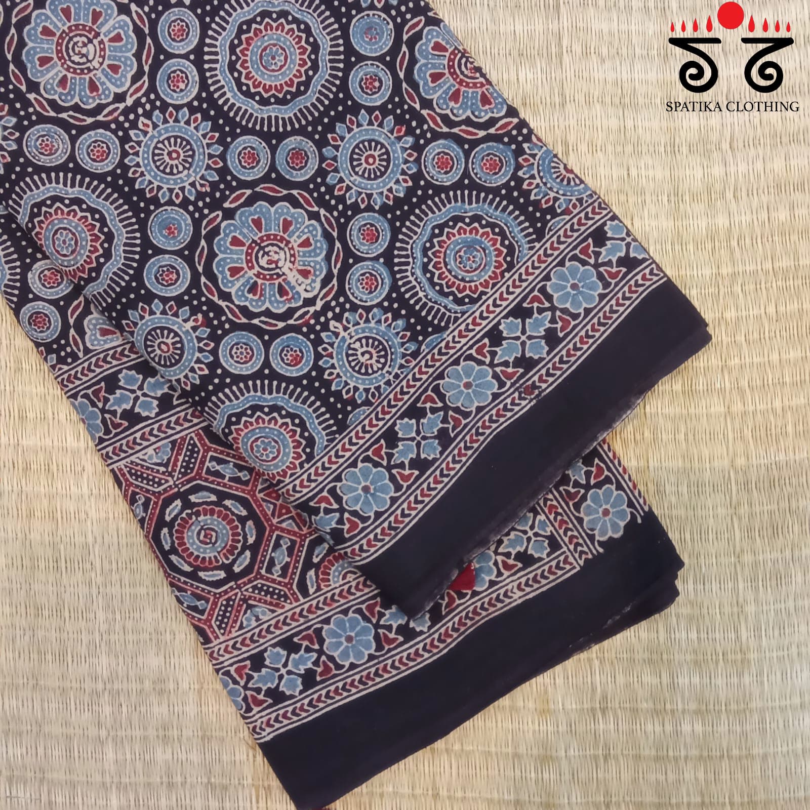 Ajrakh Handblock Print on Mulmul Cotton Saree