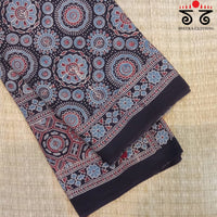 Ajrakh Handblock Print on Black Mulmul Cotton Saree