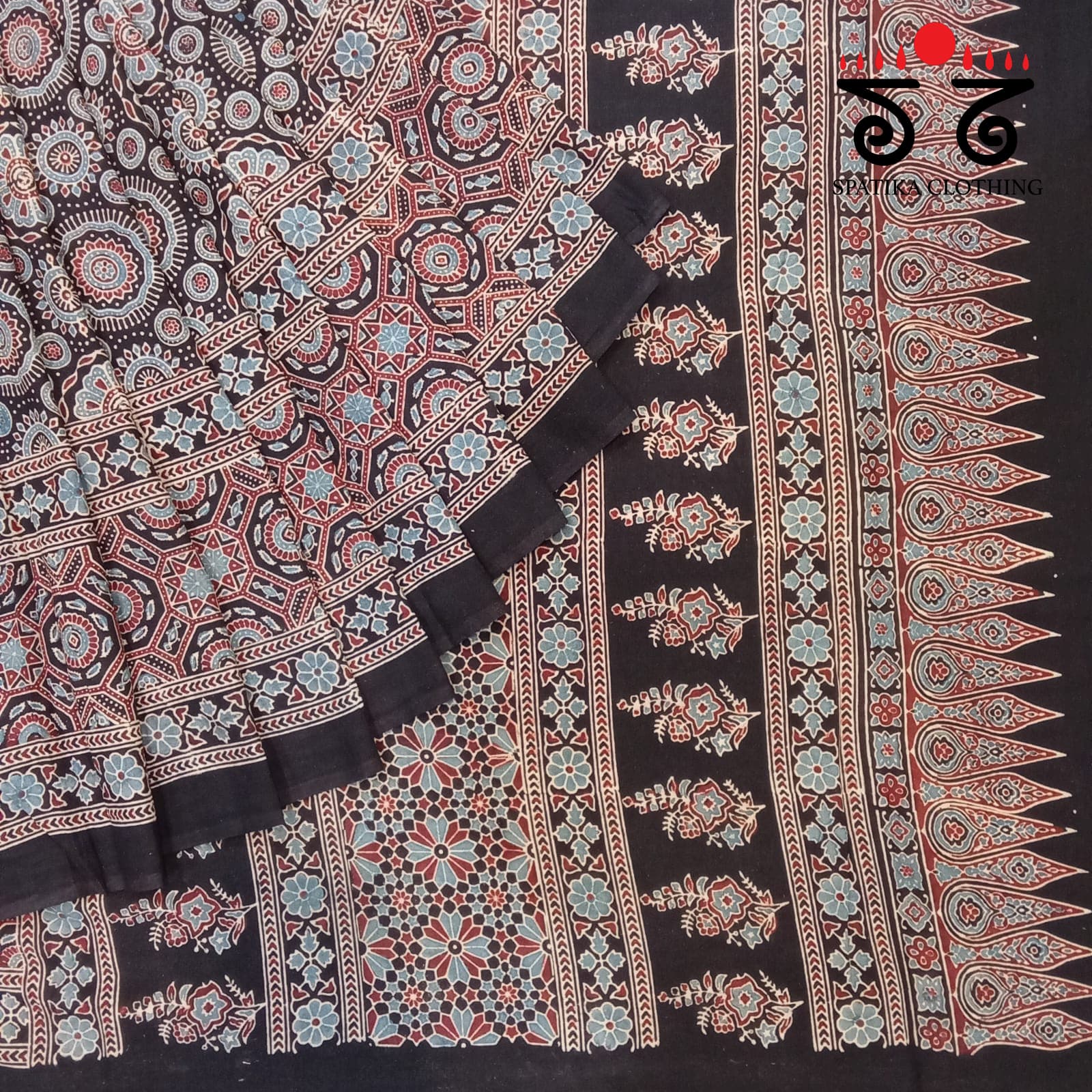 Ajrakh Handblock Print on Mulmul Cotton Saree