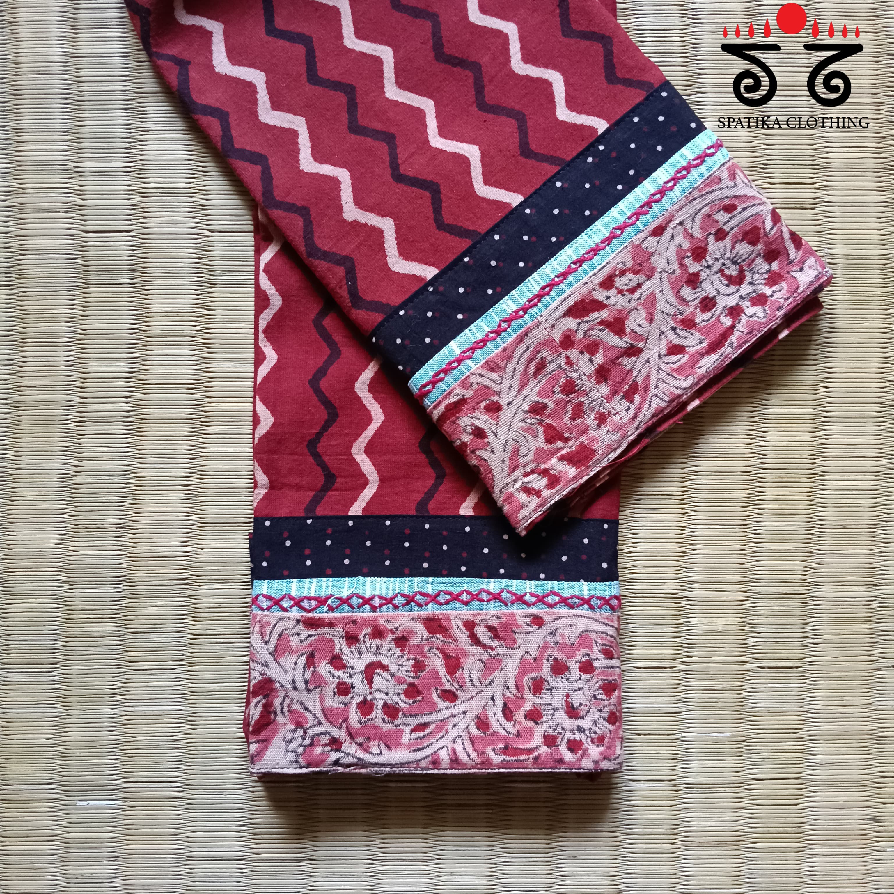 Ajrak hand embroidered Blouse Fabric