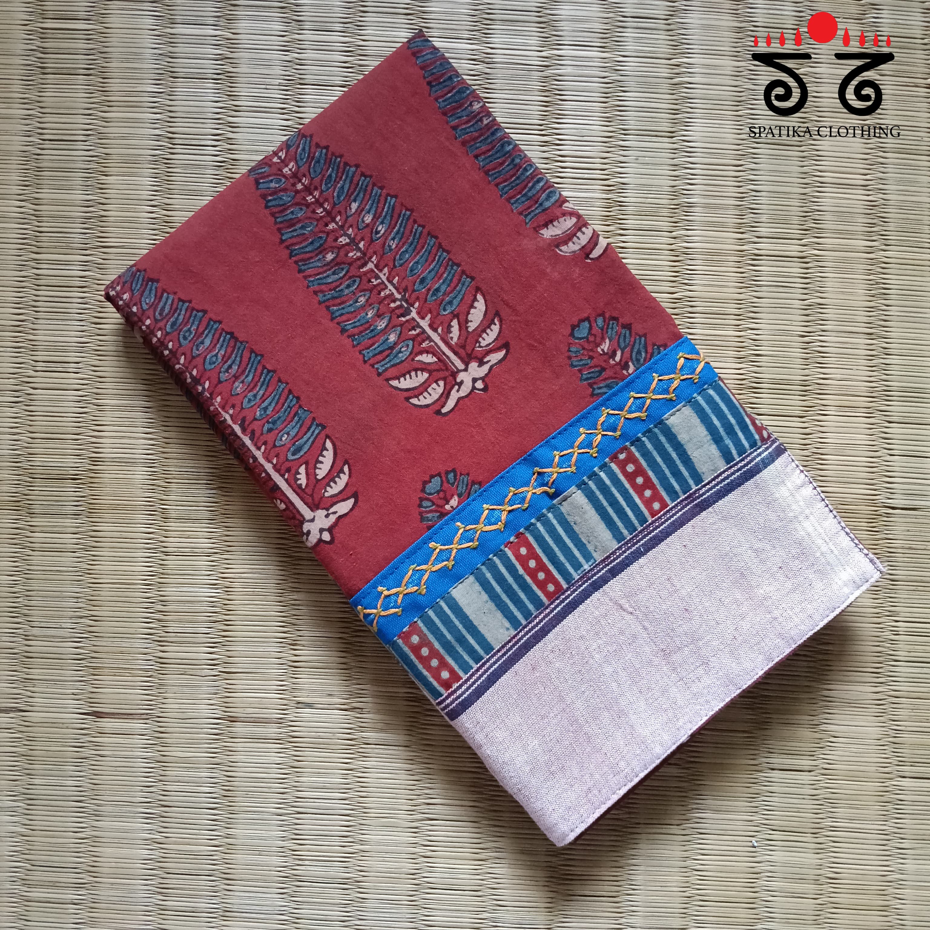 Ajrak hand embroidered Blouse Fabric