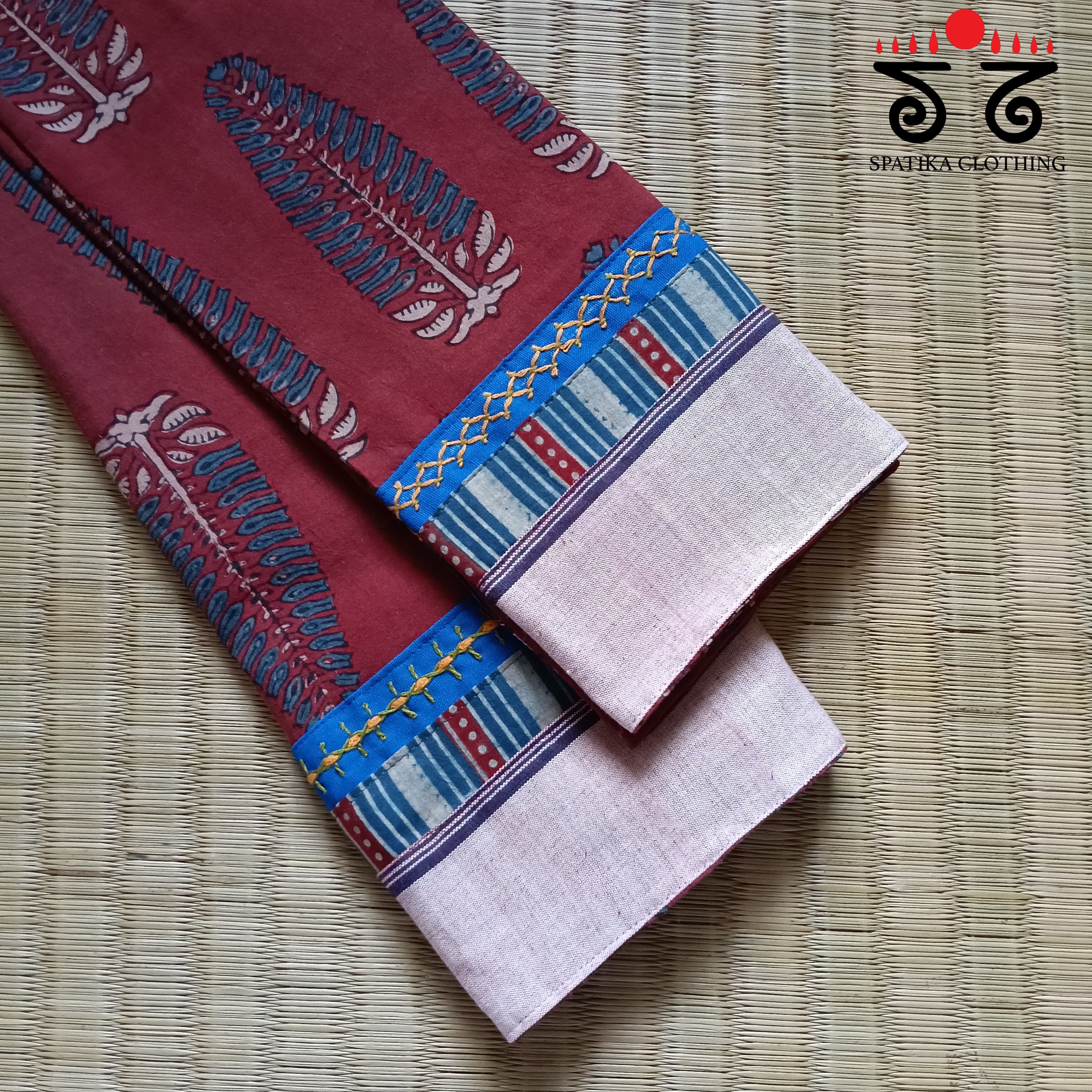 Ajrak hand embroidered Blouse Fabric
