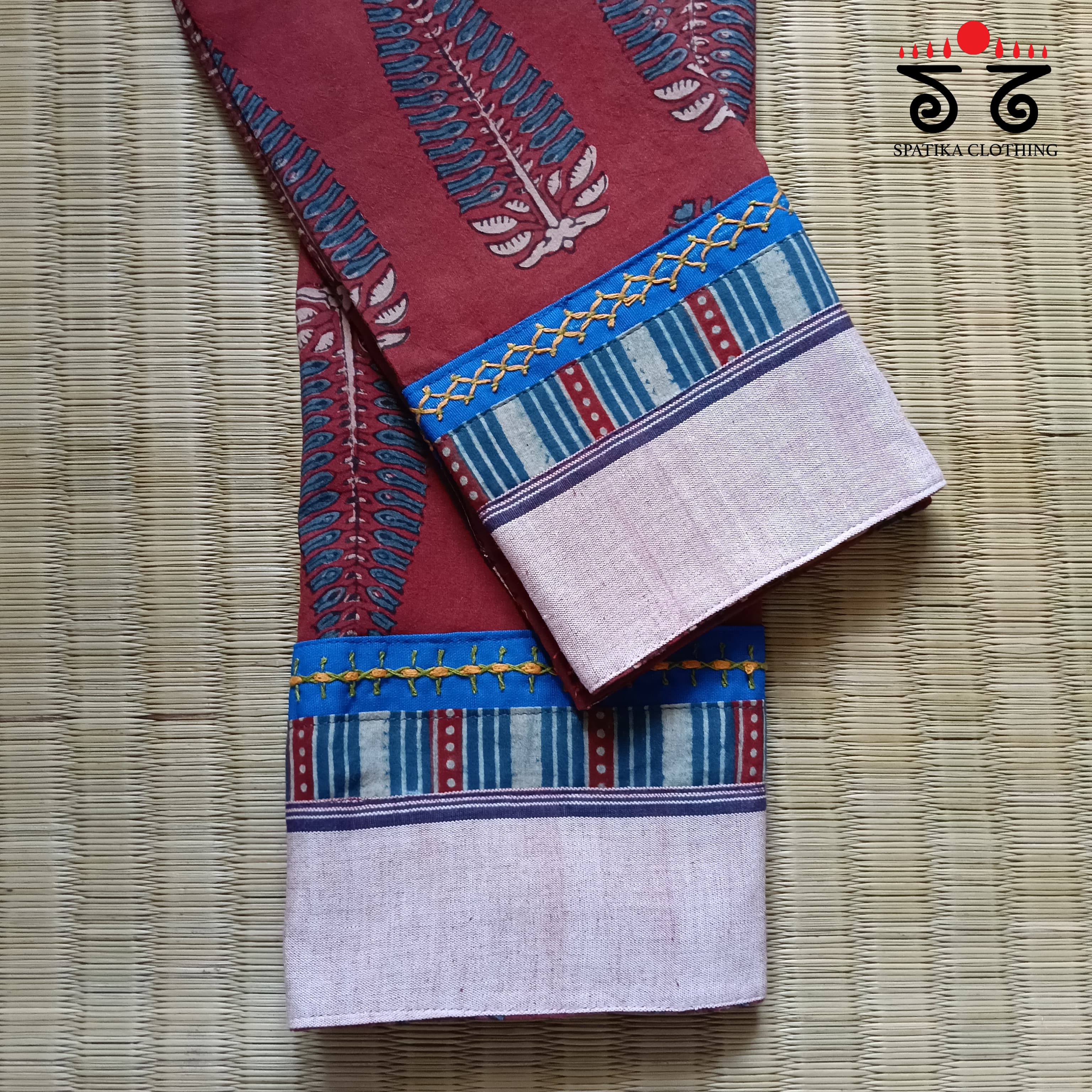 Ajrak hand embroidered Blouse Fabric