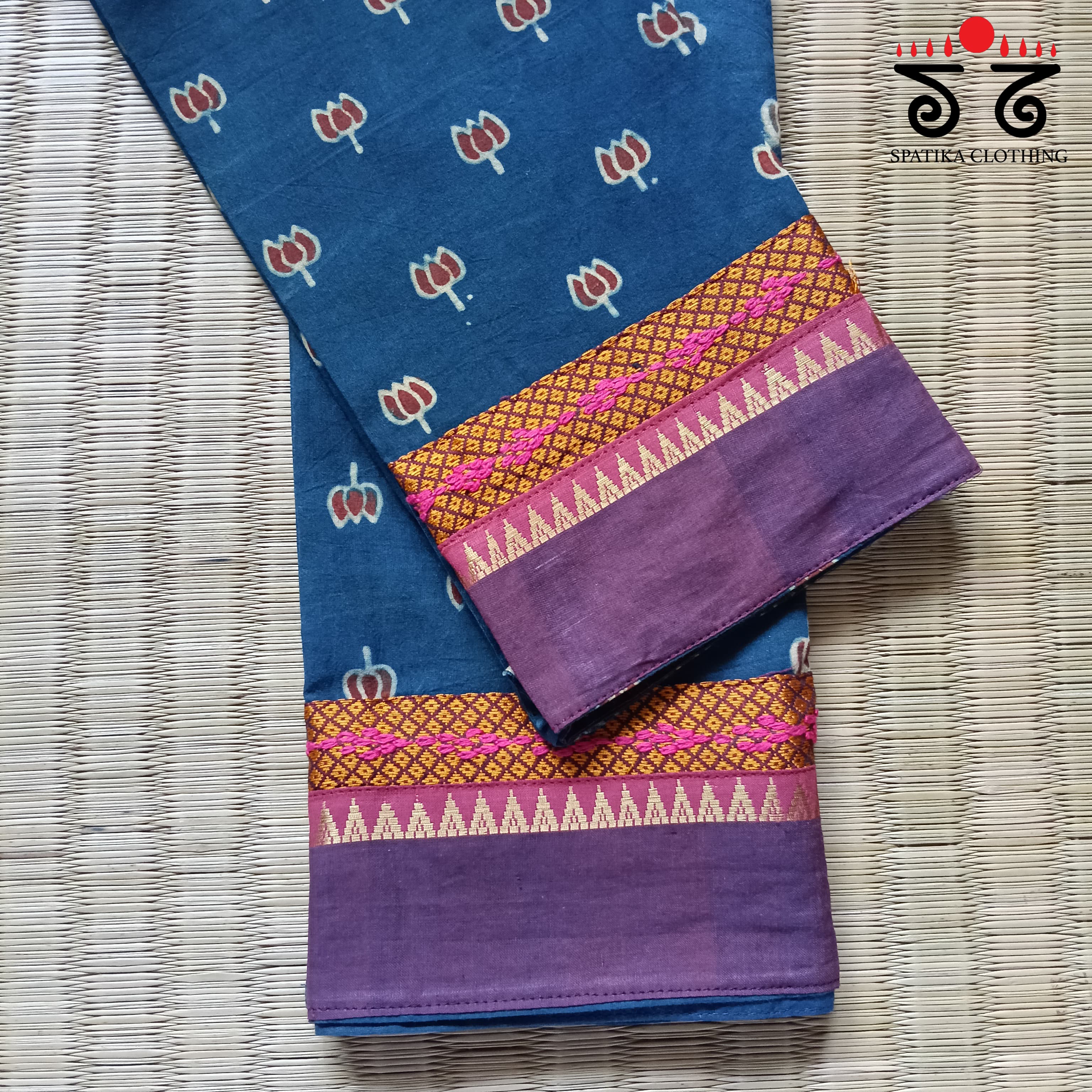 Ajrak hand embroidered Blouse Fabric