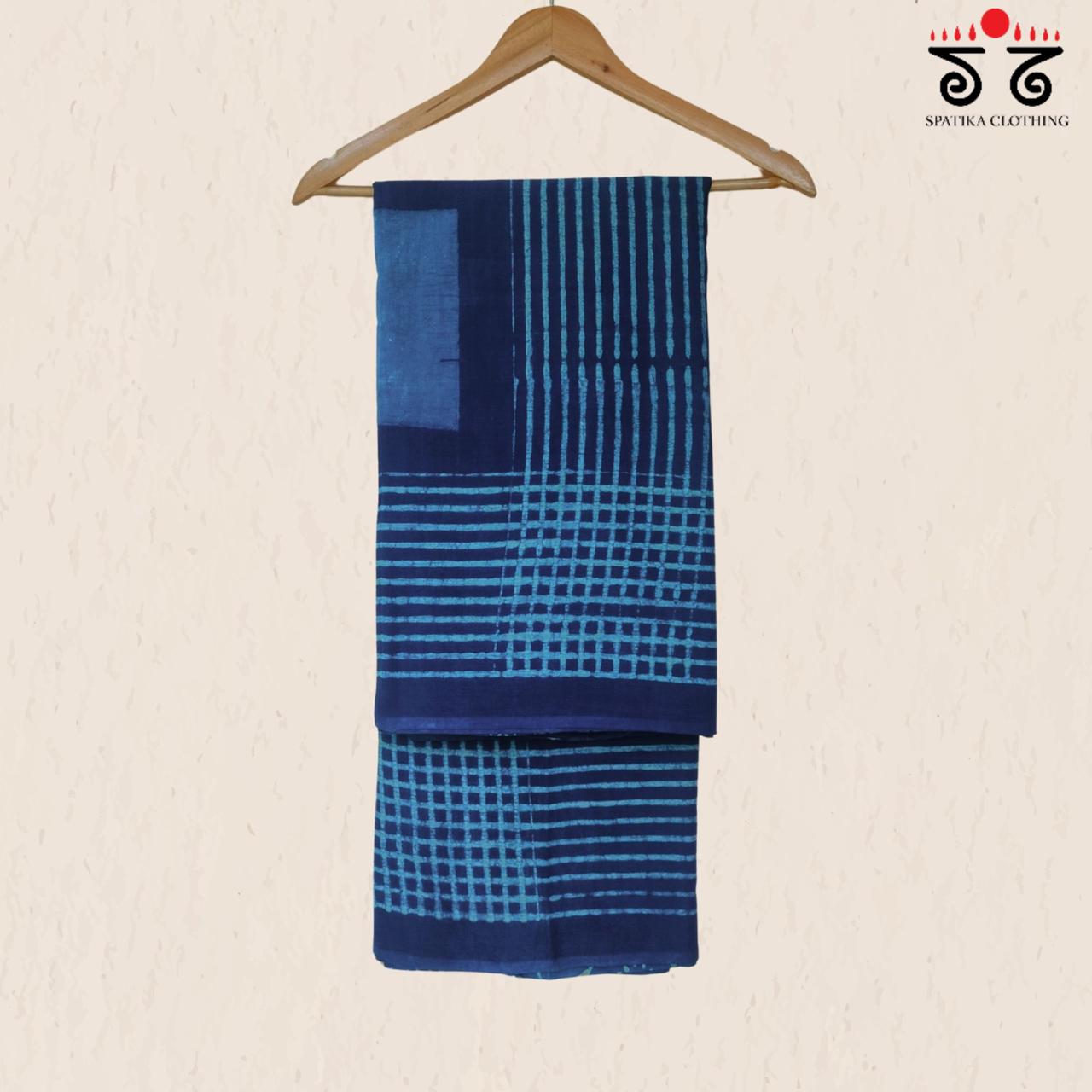 Indigo Handblock Printed Mulmul Cotton Saree