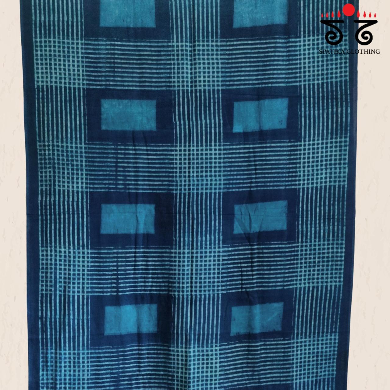 Indigo Handblock Printed Mulmul Cotton Saree