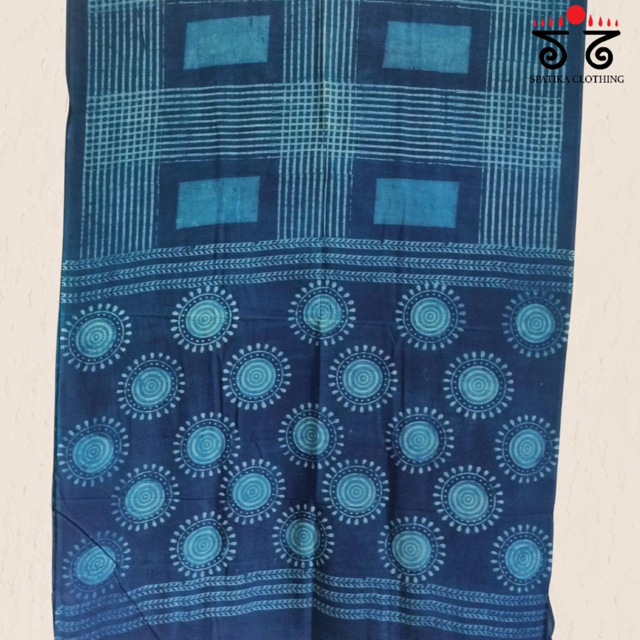 Indigo Handblock Printed Mulmul Cotton Saree