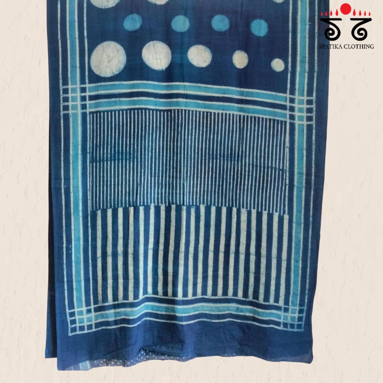 Indigo Handblock Printed Mulmul Cotton Saree
