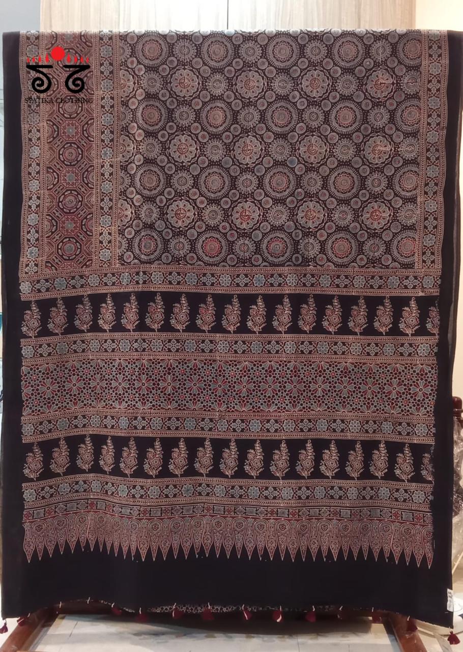 Ajrakh Handblock Print on Mulmul Cotton Saree
