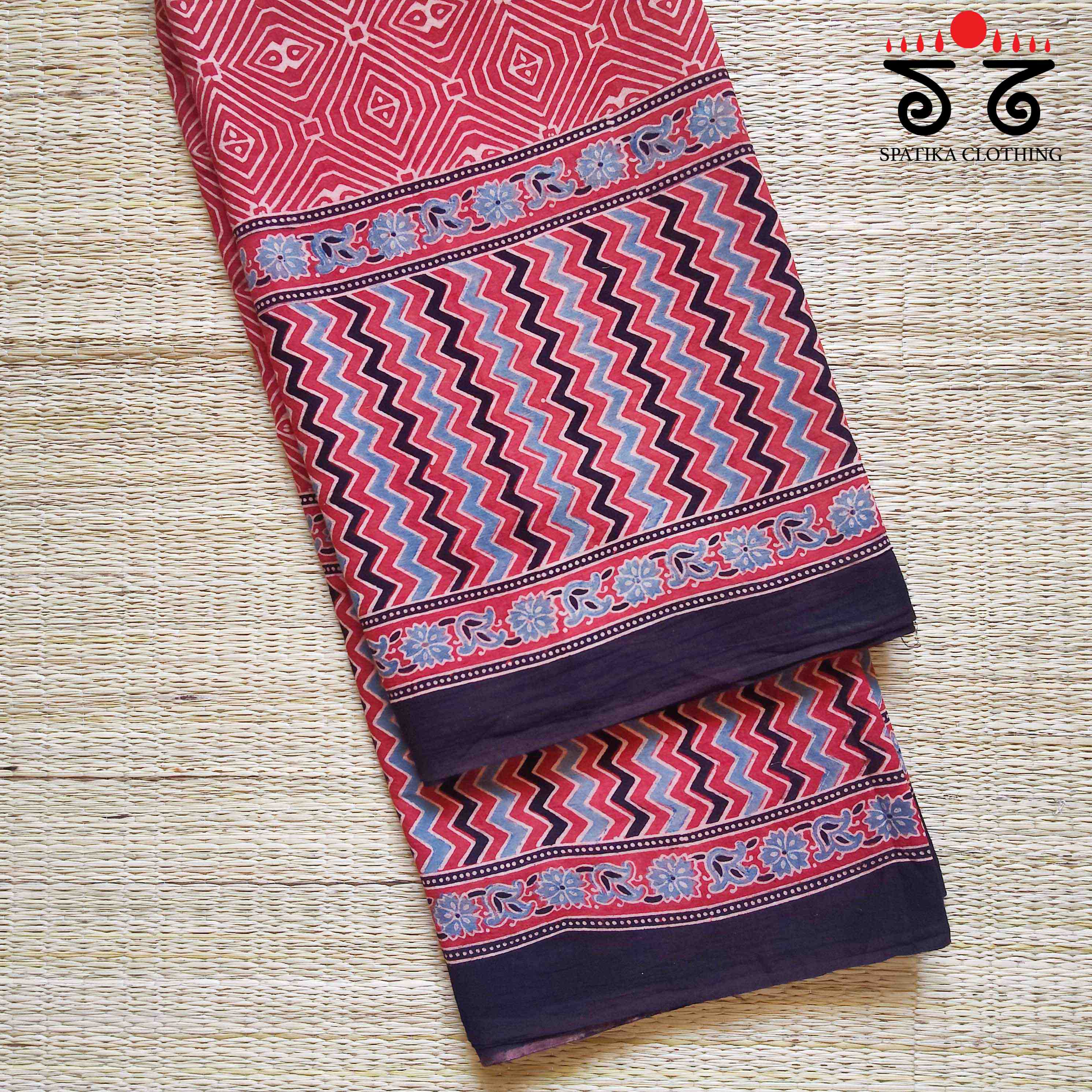 Ajrakh Handblock Print on Mulmul Cotton Saree