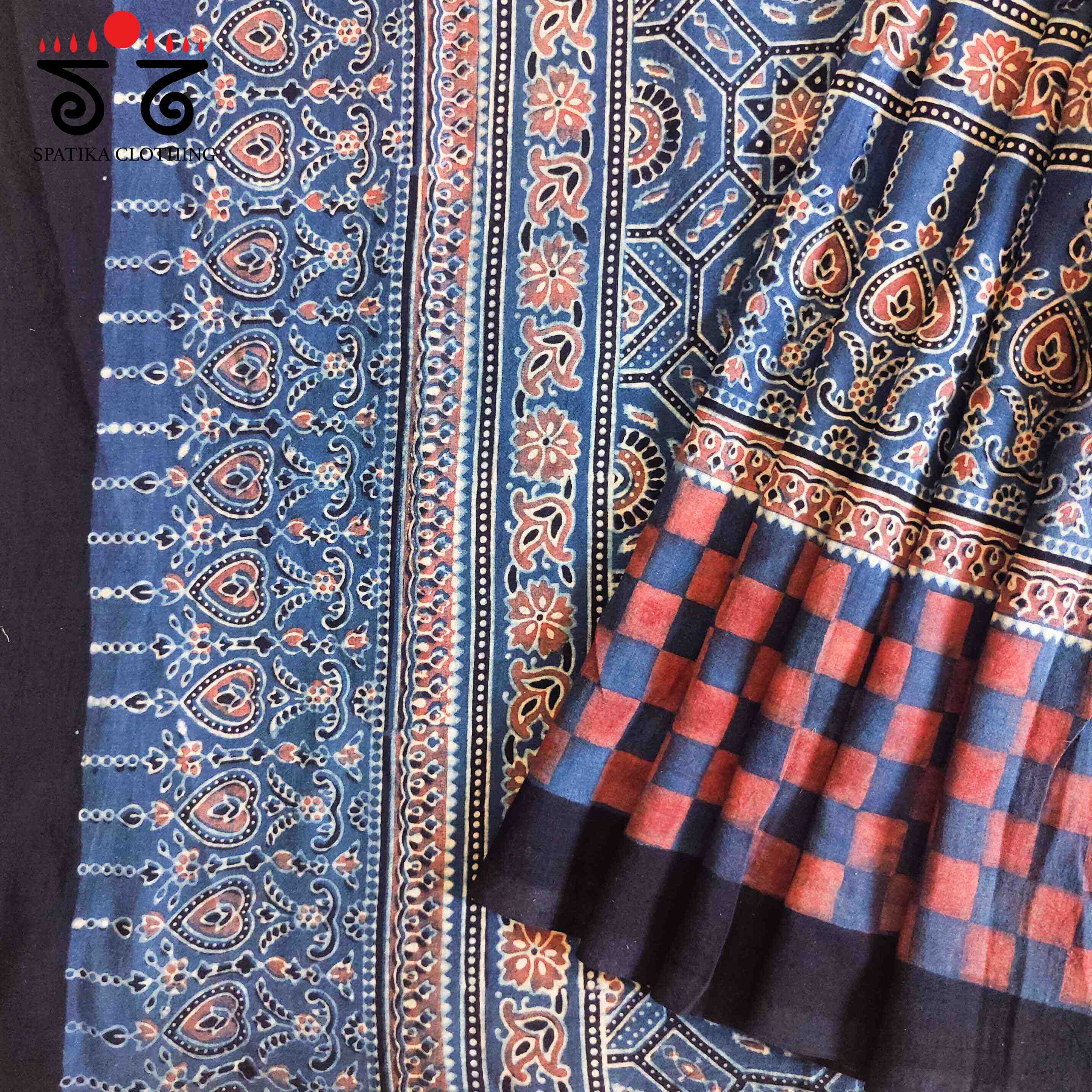 Ajrakh Handblock Print on Mulmul Cotton Saree