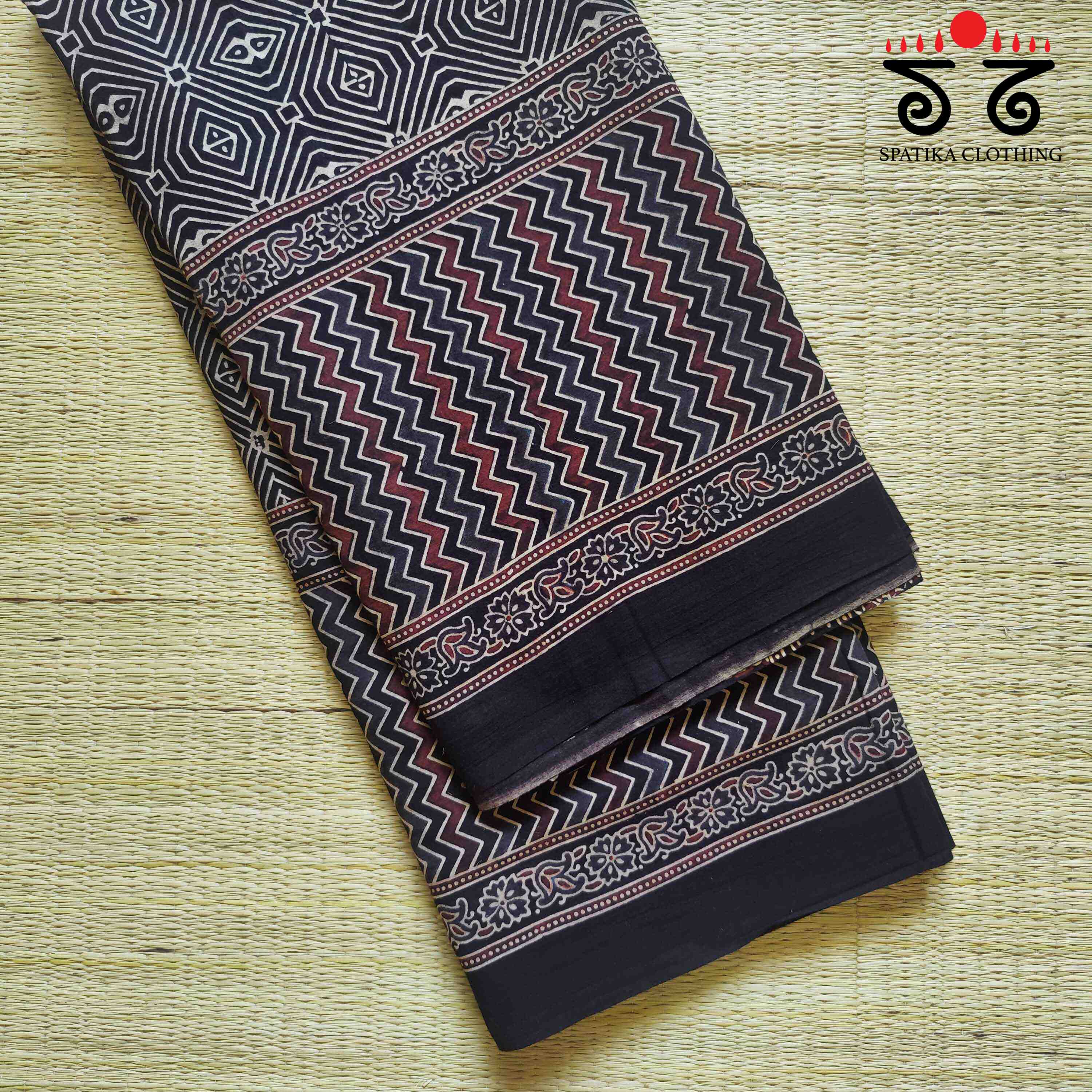 Ajrakh Handblock Print on Mulmul Cotton Saree