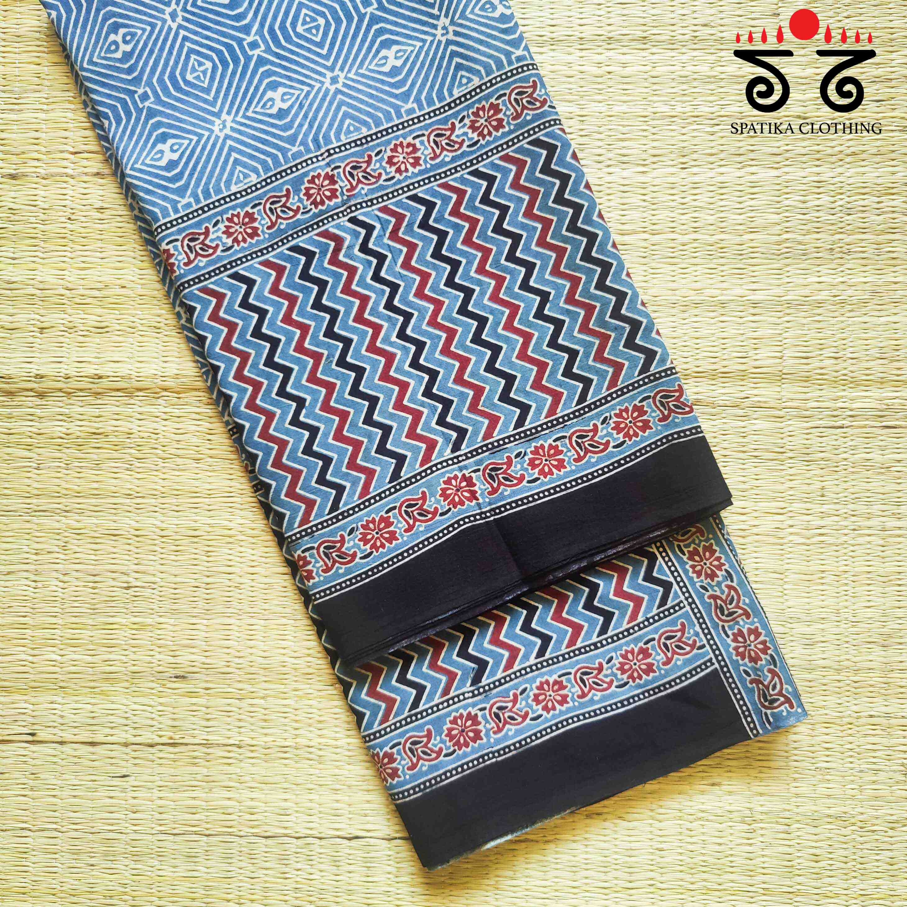 Ajrakh Handblock Print on Mulmul Cotton Saree