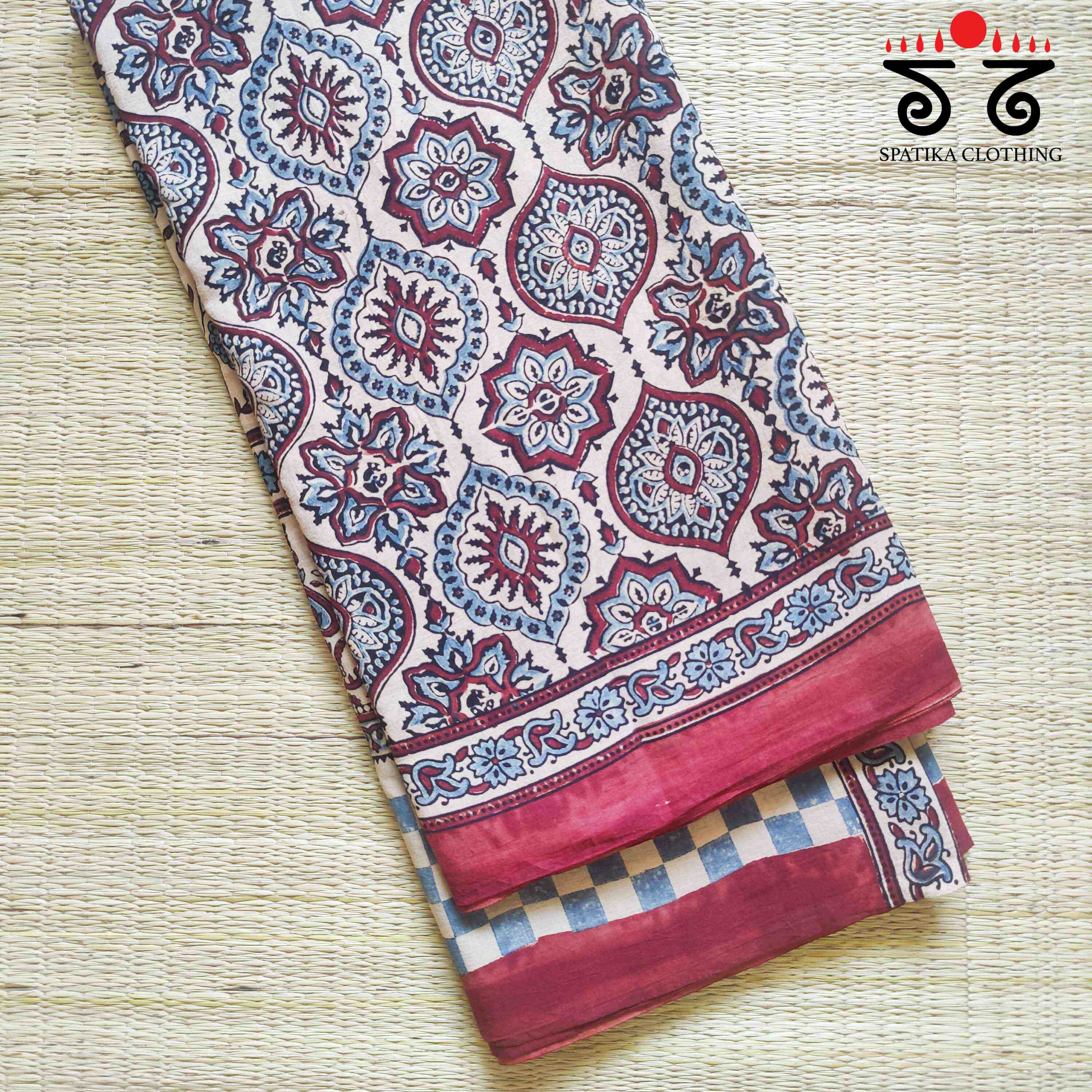Ajrakh Handblock Print on Mulmul Cotton Saree