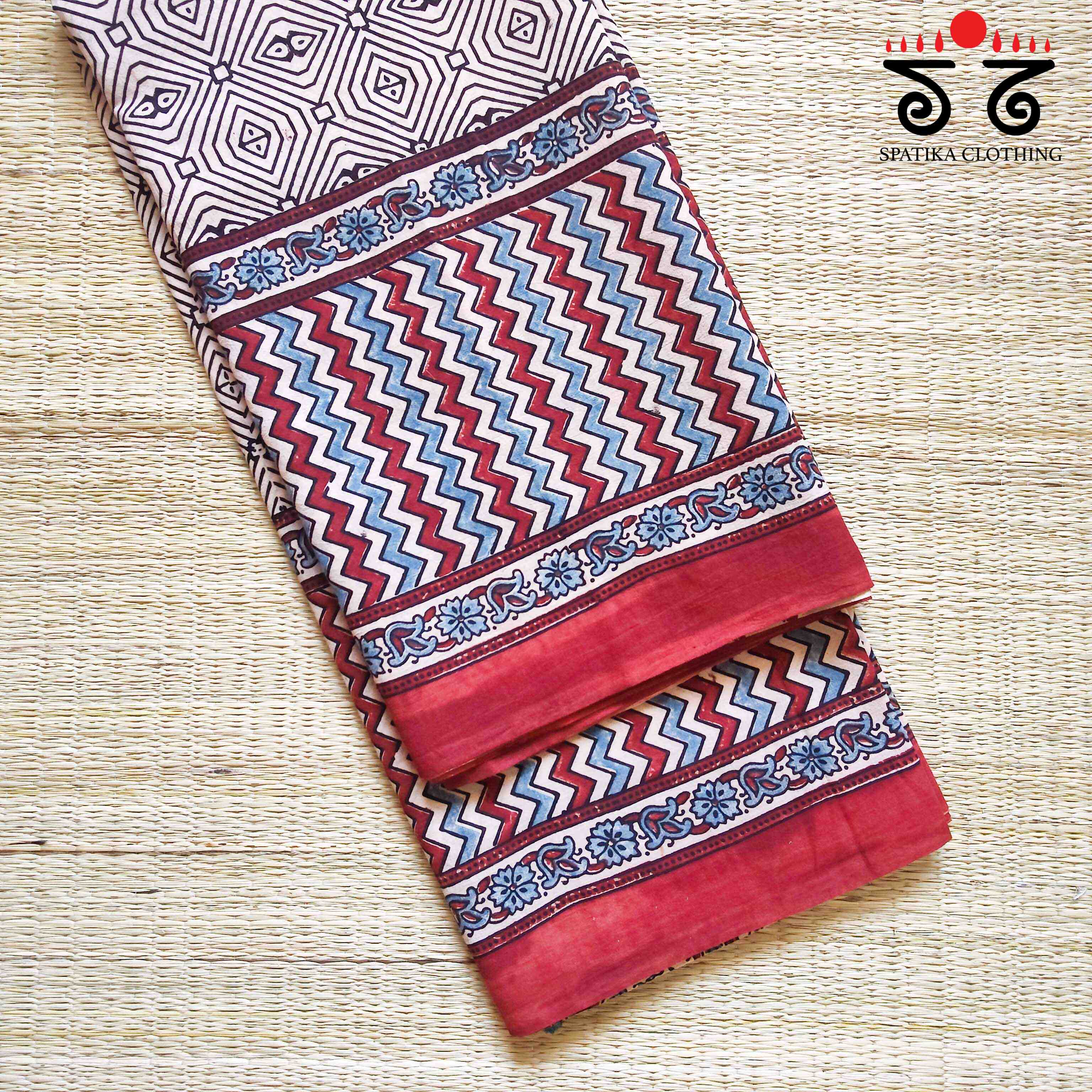 Ajrakh Handblock Print on Mulmul Cotton Saree