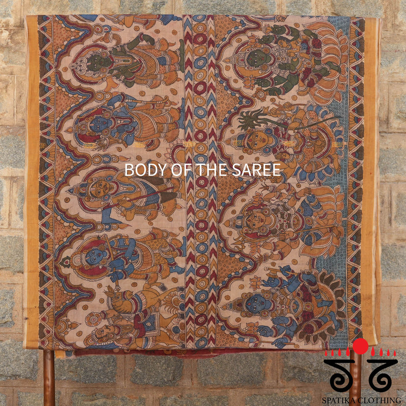 Pen Kalamkari on Kerala Kasavu Saree