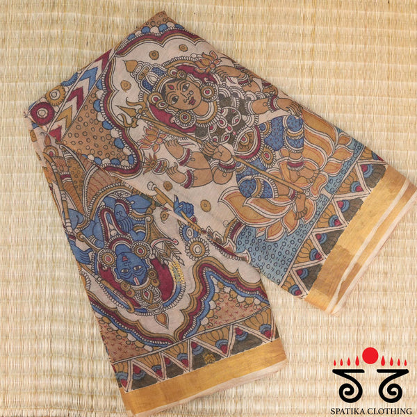 Pen Kalamkari on Kerala Kasavu Saree