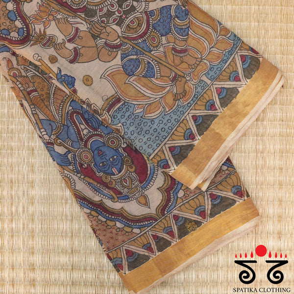 Pen Kalamkari on Kerala Kasavu Saree