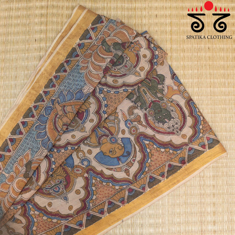 Pen Kalamkari on Kerala Kasavu Saree