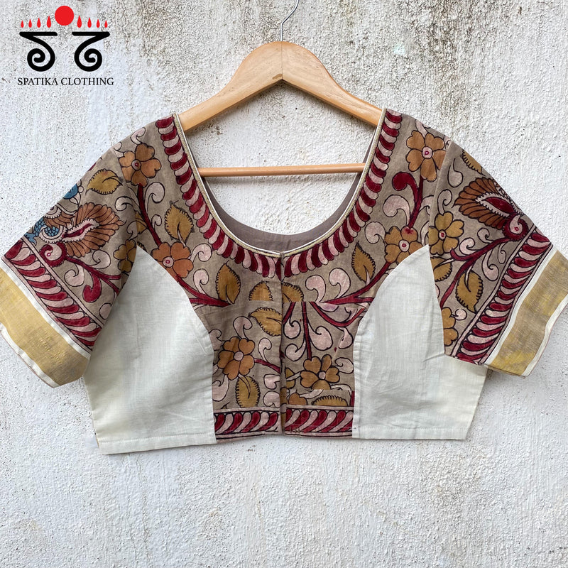 Pen Kalamkari Kerala Kasavu Plus Size Blouse